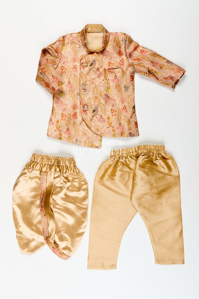 The Nesavu Boys Dothi Set Traditional kurta pajama set for boys with bird and floral digital print Nesavu Nesavu boys printed silk kurta pajama set birds floral design festive ethnic wear