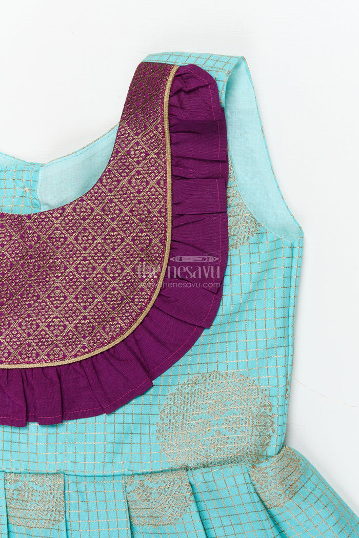 The Nesavu Girls Kanchi Silk Frock Traditional Silk Frock for Baby Girls with Zari Work and Festive Pleats Nesavu Nesavu baby girl silk frock with zari pleats and contrast yoke for traditional events