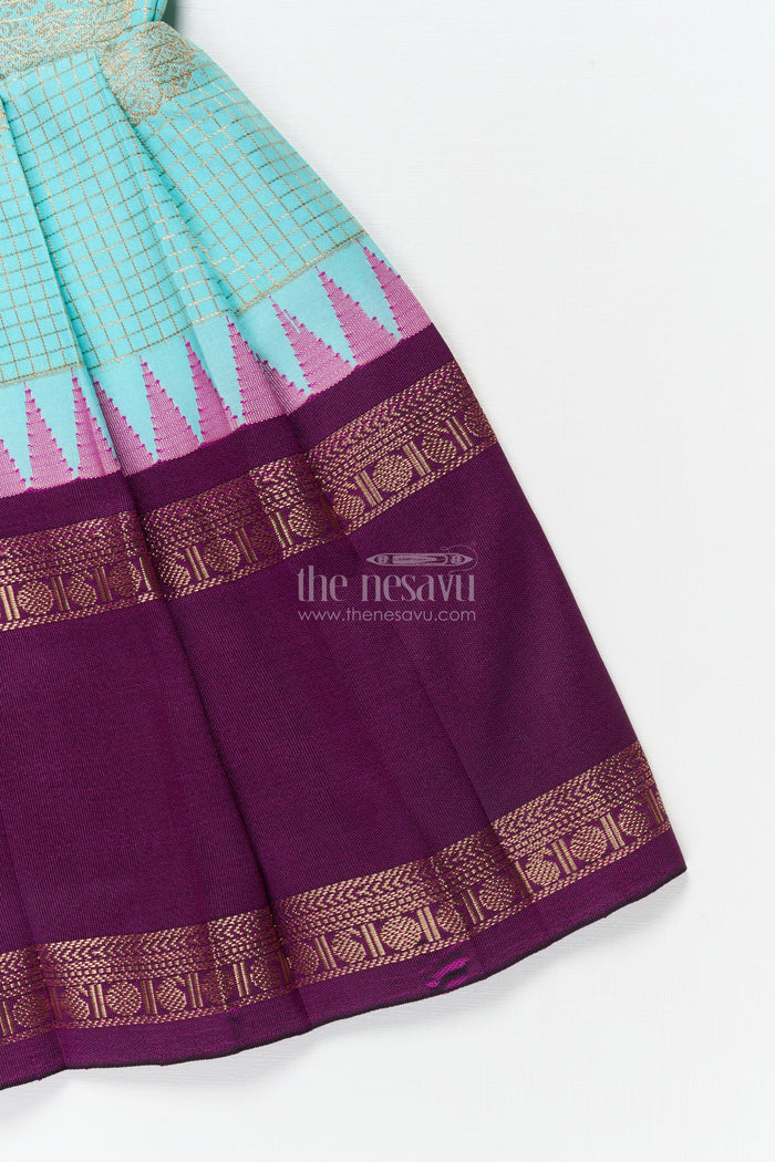 The Nesavu Girls Kanchi Silk Frock Traditional Silk Frock for Baby Girls with Zari Work and Festive Pleats Nesavu Nesavu baby girl silk frock with zari pleats and contrast yoke for traditional events