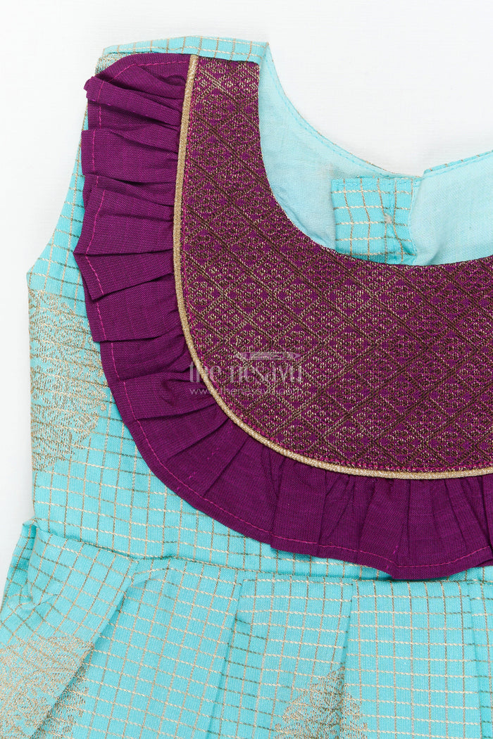 The Nesavu Girls Kanchi Silk Frock Traditional Silk Frock for Baby Girls with Zari Work and Festive Pleats Nesavu Nesavu baby girl silk frock with zari pleats and contrast yoke for traditional events