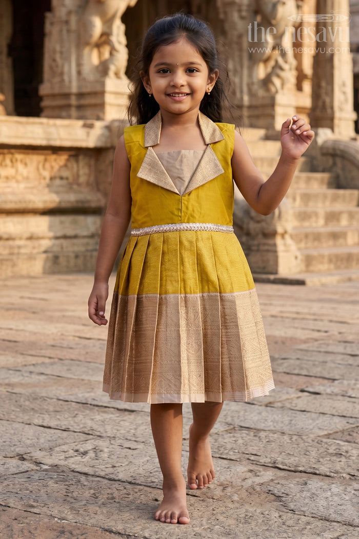 The Nesavu Girls Kanchi Silk Frock Traditional Silk Frock for Girls for Weddings and Milestone Occasions Nesavu 16 (1Y) / Yellow / Silk Blend SF992BB-16 Nesavu traditional silk frock for girls with pleated zari skirt and collar – ideal for weddings and birthdays