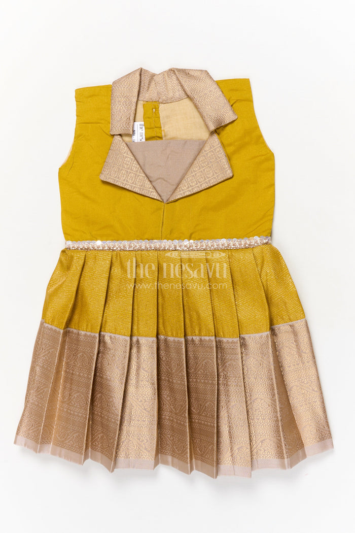 The Nesavu Girls Kanchi Silk Frock Traditional Silk Frock for Girls for Weddings and Milestone Occasions Nesavu 16 (1Y) / Yellow / Silk Blend SF992BB-16 Nesavu traditional silk frock for girls with pleated zari skirt and collar – ideal for weddings and birthdays