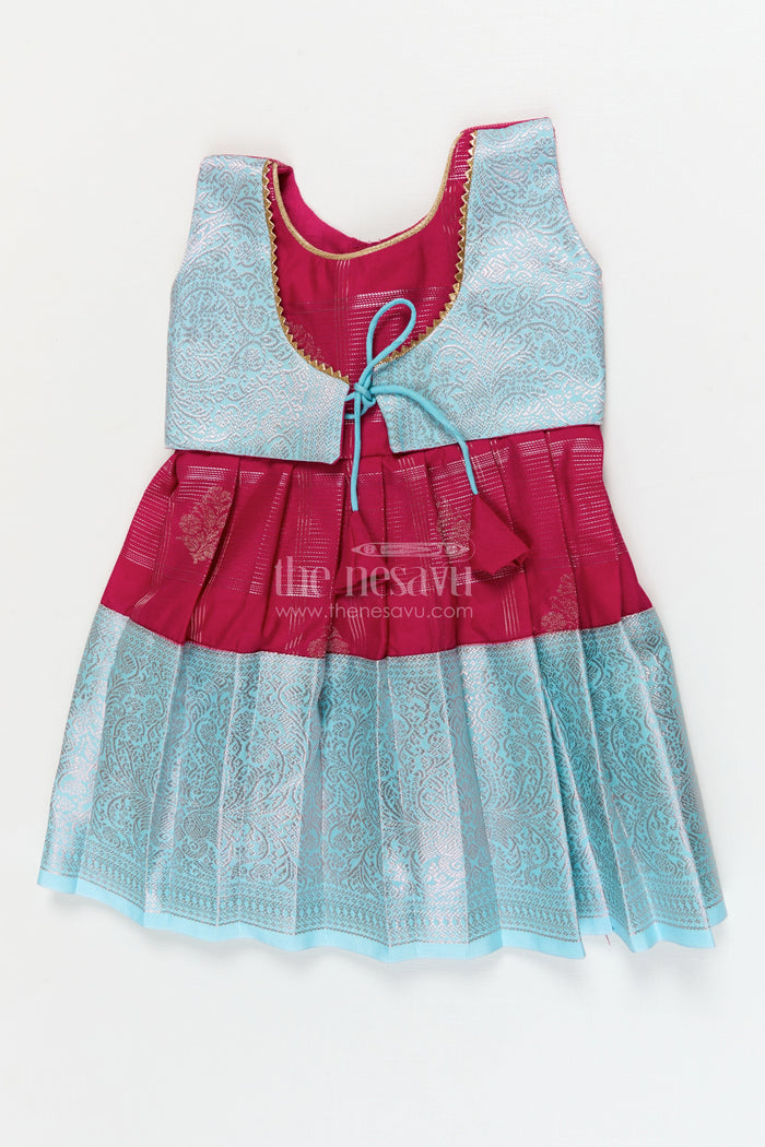 The Nesavu Girls Kanchi Silk Frock Traditional Silk Frock for Toddler Girls with Kanchivaram Inspired Zari Craftsmanship Nesavu 10 (NB) / Pink / style 3 KSF038CC-10 Nesavu toddler girl silk frock with Kanchivaram inspired zari pleats and festive jacquard yoke