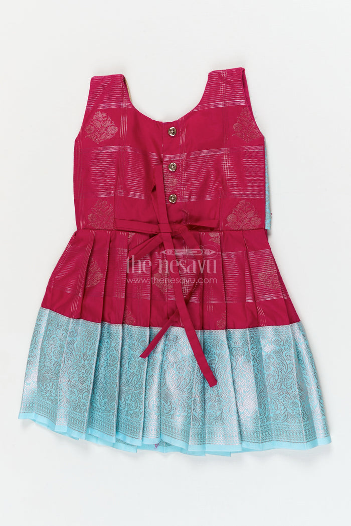 The Nesavu Girls Kanchi Silk Frock Traditional Silk Frock for Toddler Girls with Kanchivaram Inspired Zari Craftsmanship Nesavu Nesavu toddler girl silk frock with Kanchivaram inspired zari pleats and festive jacquard yoke