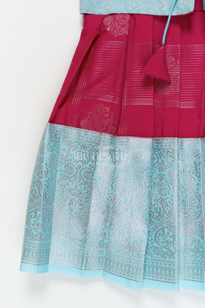 The Nesavu Girls Kanchi Silk Frock Traditional Silk Frock for Toddler Girls with Kanchivaram Inspired Zari Craftsmanship Nesavu Nesavu toddler girl silk frock with Kanchivaram inspired zari pleats and festive jacquard yoke