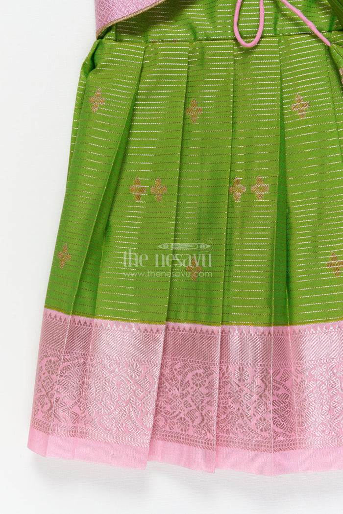 The Nesavu Girls Kanchi Silk Frock Traditional Silk Frock for Toddler Girls with Kanchivaram Saree Inspired Contrast Yoke Nesavu Nesavu toddler girl traditional silk frock with Kanchivaram saree inspired zari weave and contrast yoke