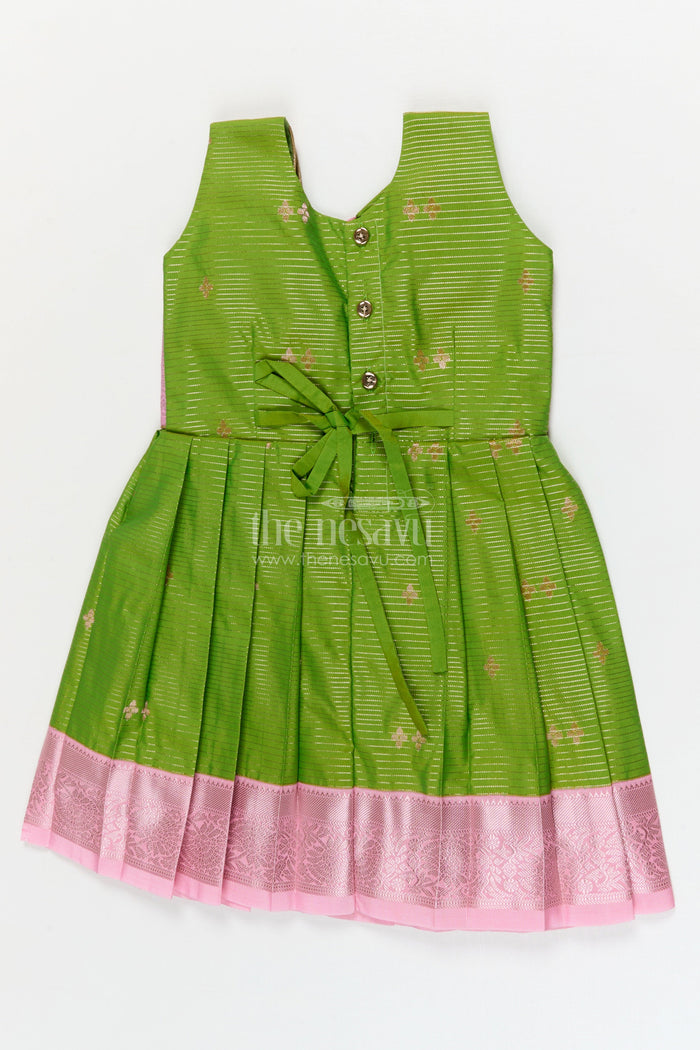 The Nesavu Girls Kanchi Silk Frock Traditional Silk Frock for Toddler Girls with Kanchivaram Saree Inspired Contrast Yoke Nesavu Nesavu toddler girl traditional silk frock with Kanchivaram saree inspired zari weave and contrast yoke