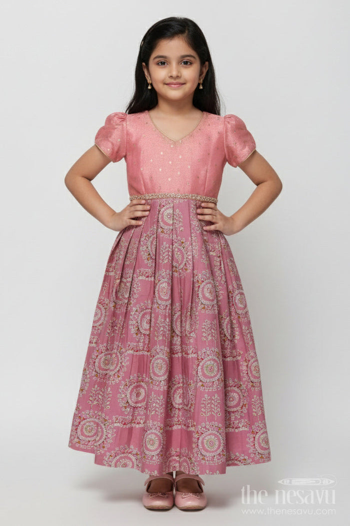 The Nesavu Girls Silk Gown Traditional Silk Gown for Girls for Weddings and Festive Events Nesavu 16 (1Y) / Pink GA387B-16 Nesavu girls traditional silk gown with mandala print and sequin belt for weddings and poojas