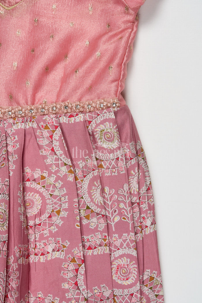 The Nesavu Girls Silk Gown Traditional Silk Gown for Girls for Weddings and Festive Events Nesavu Nesavu girls traditional silk gown with mandala print and sequin belt for weddings and poojas