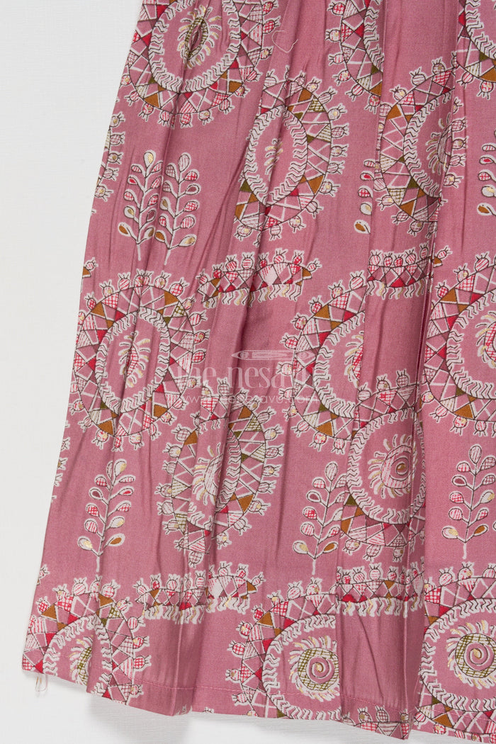 The Nesavu Girls Silk Gown Traditional Silk Gown for Girls for Weddings and Festive Events Nesavu Nesavu girls traditional silk gown with mandala print and sequin belt for weddings and poojas