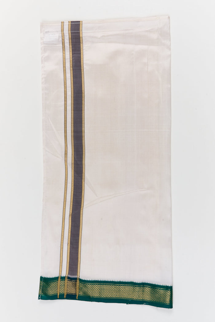 The Nesavu Pure Silk Vesti Traditional Silk Veshti for Baby Boys with Temple-style Border Nesavu 28 (7Y) / White / Pure Silk D067A-28 Nesavu baby boys traditional silk veshti with contrast border for festive and temple wear