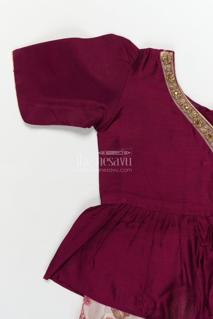 The Nesavu Pattu Pavadai Traditional Wrap-style Baby Pattu Pavadai for Festive Milestones Nesavu Nesavu wrap-style baby pattu pavadai with jungle print skirt for traditional festivities