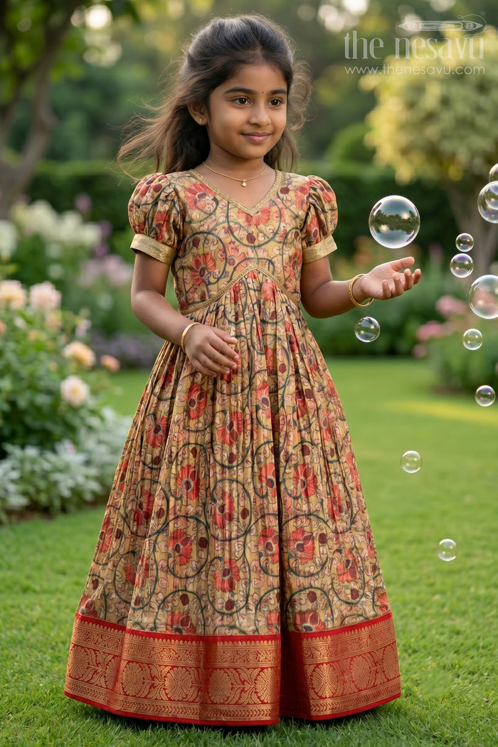 The Nesavu Girls Silk Gown Traditional Yellow Kalamkari Chinon Party Gown for Girls Nesavu 16 (1Y) / Yellow GA231A-16 Traditional Yellow Kalamkari Chinon Party Gown for Girls - Festive Attire | The Nesavu