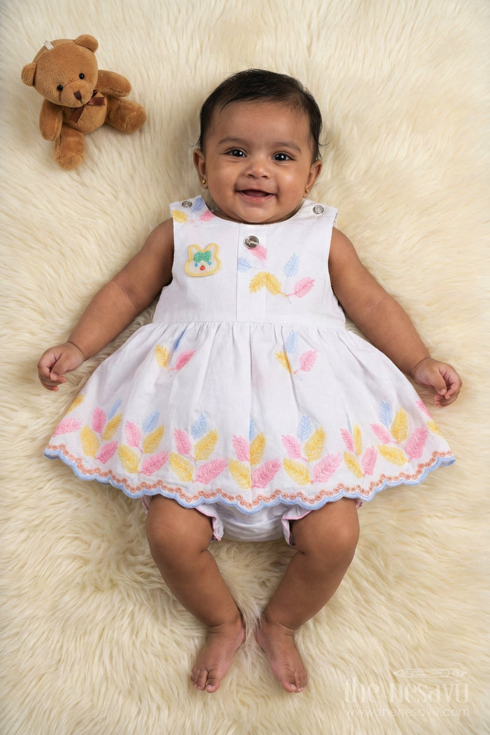 The Nesavu Baby Cotton Frocks Two-piece Baby Frock Set with Floral Embroidery and Bloomers Nesavu Baby frock set with embroidery and bloomers for comfortable everyday wear