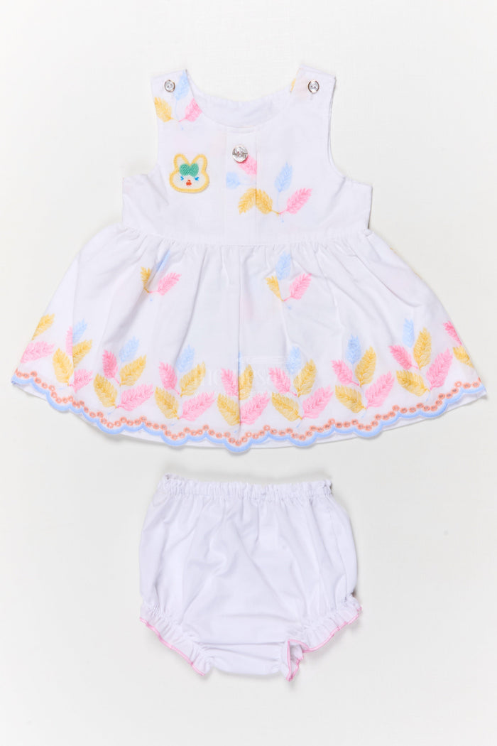 The Nesavu Baby Cotton Frocks Two-piece Baby Frock Set with Floral Embroidery and Bloomers Nesavu 14 (6M) / Half white / Cotton Blend BFJ850E-14 Baby frock set with embroidery and bloomers for comfortable everyday wear