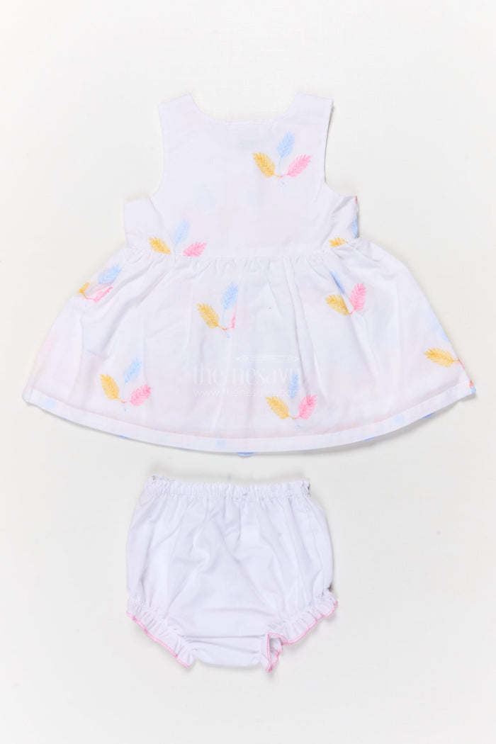The Nesavu Baby Cotton Frocks Two-piece Baby Frock Set with Floral Embroidery and Bloomers Nesavu Baby frock set with embroidery and bloomers for comfortable everyday wear