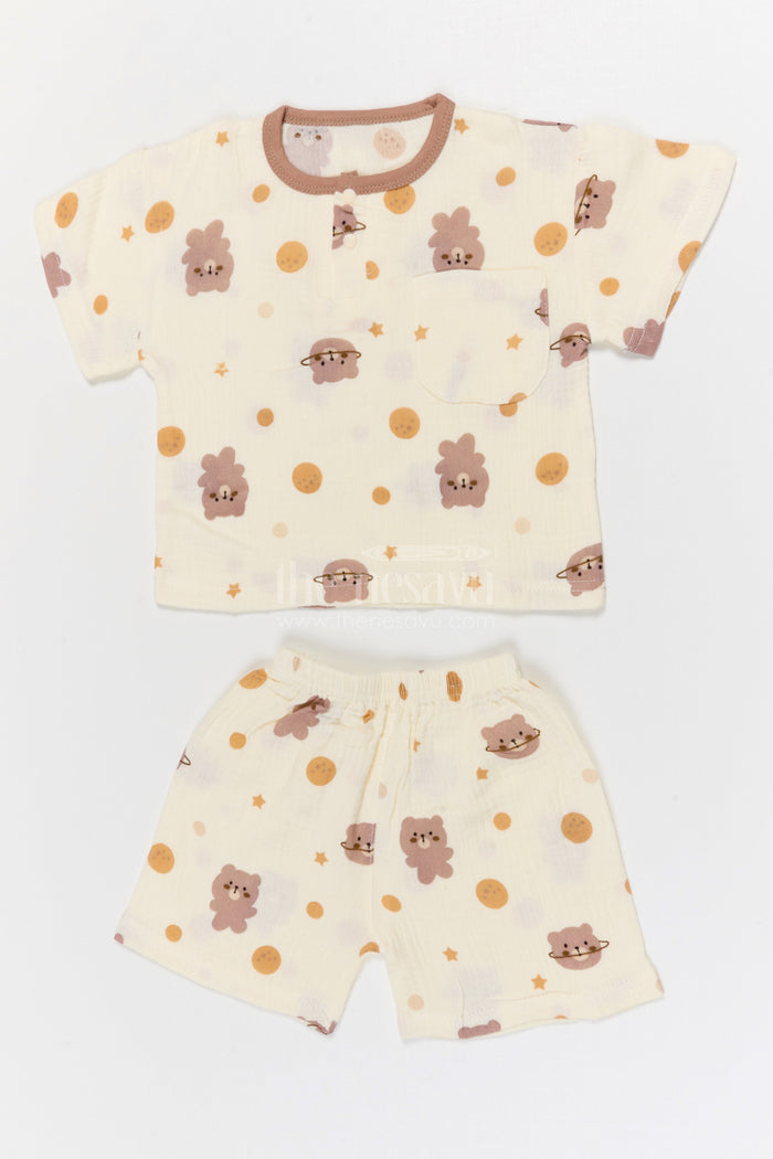 The Nesavu Night Dress Kids Cotton Night Suit with Bunny Print for Cozy Nights Nesavu 10 (NB) / Cream / Muslin Cotton NS065A-10 Nesavu Kids Muslin Cotton Bunny Print Night Suit For Breathable Summer Sleep