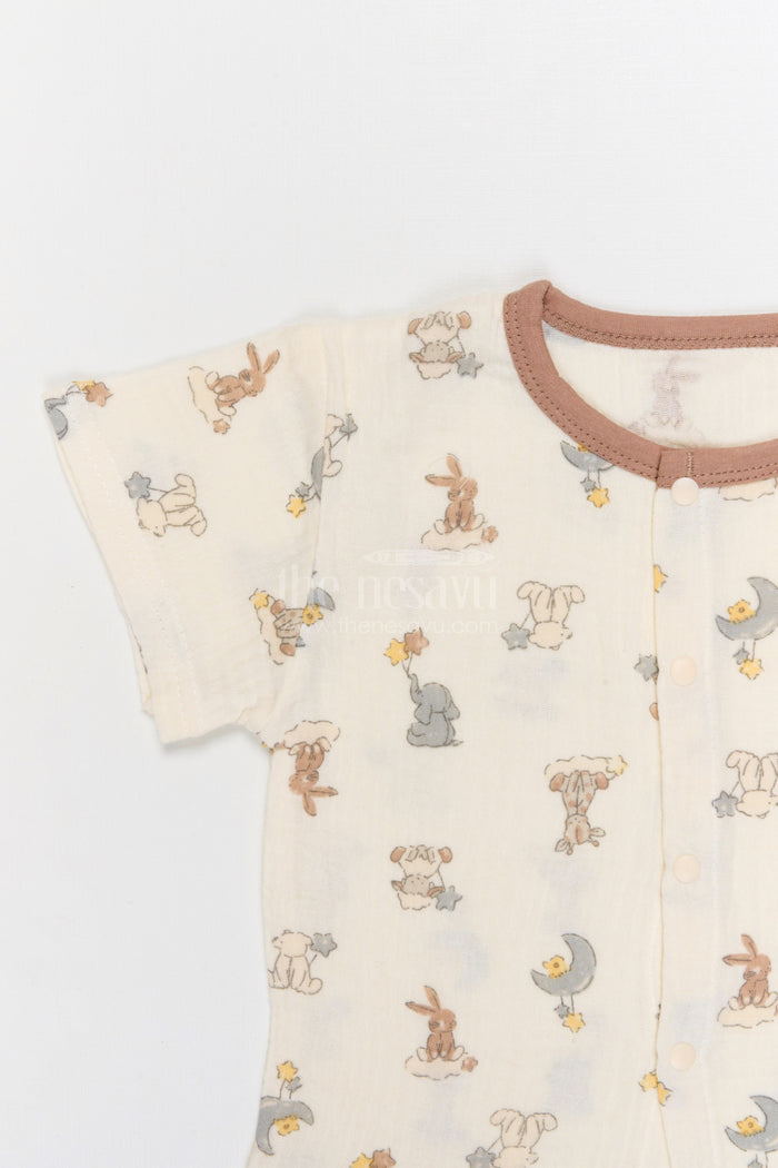 The Nesavu Night Dress Kids Cotton Night Suit with Bunny Print for Everyday Sleep Nesavu Nesavu Kids Muslin Cotton Bunny Print Night Suit For Comfortable Daily Sleepwear