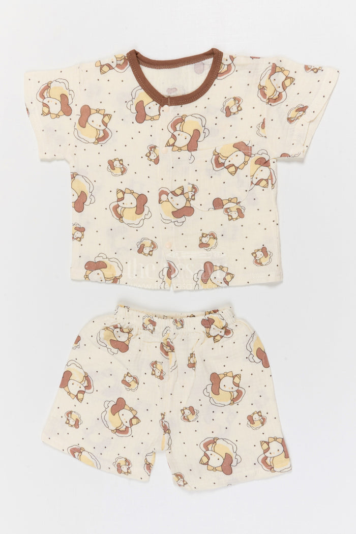 The Nesavu Night Dress Kids Cotton Night Suit with Cartoon Print for Daily Sleep Nesavu 10 (NB) / Cream / Muslin Cotton NS066A-10 Nesavu Kids Muslin Cotton Cartoon Print Night Suit For Breathable Summer Sleepwear