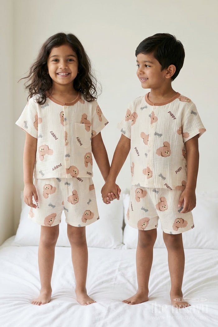 The Nesavu Night Dress Unisex Cotton Night Suit with Puppy Print for Bedtime Comfort Nesavu 10 (NB) / Cream / Muslin Cotton NS063A-10 Nesavu Unisex Muslin Cotton Puppy Print Night Suit For Breathable Summer Sleepwear