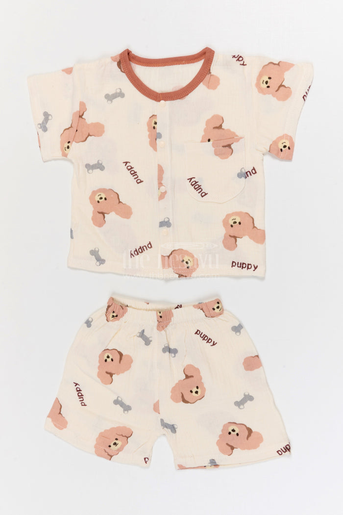 The Nesavu Night Dress Kids Cotton Night Suit with Puppy Print for Bedtime Comfort Nesavu 10 (NB) / Cream / Muslin Cotton NS063A-10 Nesavu Kids Muslin Cotton Puppy Print Night Suit For Breathable Summer Sleepwear