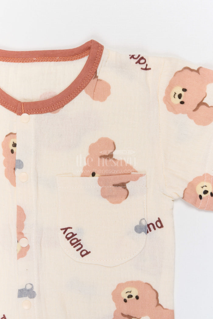 The Nesavu Night Dress Kids Cotton Night Suit with Puppy Print for Bedtime Comfort Nesavu Nesavu Kids Muslin Cotton Puppy Print Night Suit For Breathable Summer Sleepwear