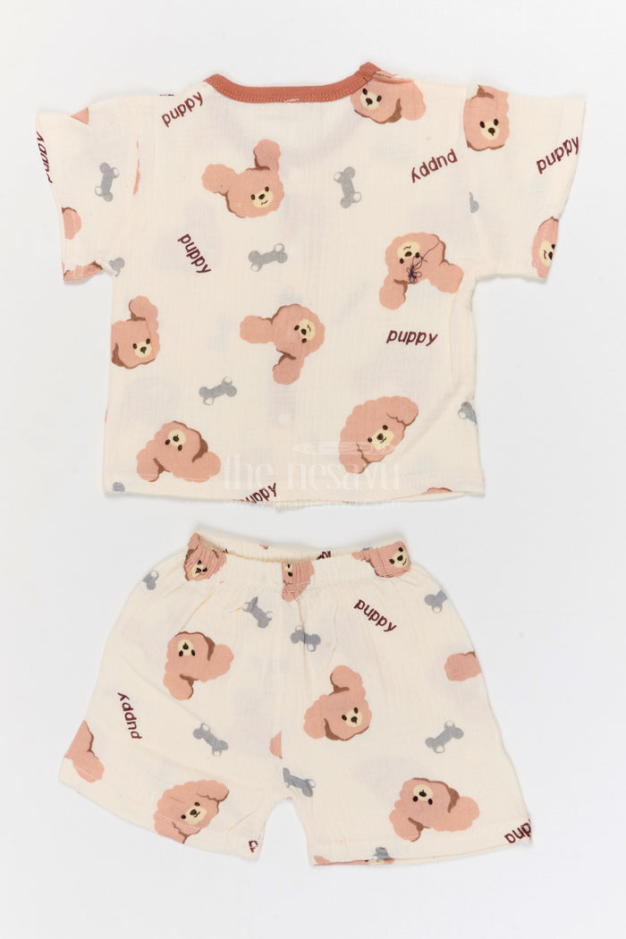The Nesavu Night Dress Kids Cotton Night Suit with Puppy Print for Bedtime Comfort Nesavu Nesavu Kids Muslin Cotton Puppy Print Night Suit For Breathable Summer Sleepwear