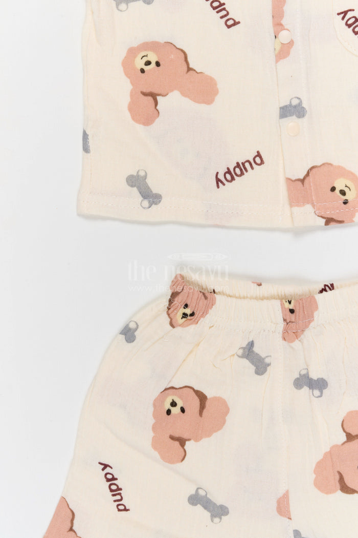 The Nesavu Night Dress Kids Cotton Night Suit with Puppy Print for Bedtime Comfort Nesavu Nesavu Kids Muslin Cotton Puppy Print Night Suit For Breathable Summer Sleepwear