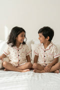 The Nesavu Night Dress Unisex Kids Cotton Night Suit for Daily Sleep and Lounge Wear Nesavu 16 (1Y) / Cream / Muslin Cotton NS052B-16 Nesavu Unisex Kids Muslin Cotton Night Suit With Cherry Print For Summer Sleepwear