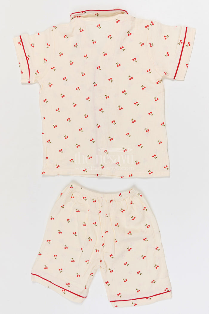 The Nesavu Night Dress Kids Cotton Night Suit for Daily Sleep and Lounge Wear Nesavu Nesavu Kids Muslin Cotton Night Suit With Cherry Print For Summer Sleepwear