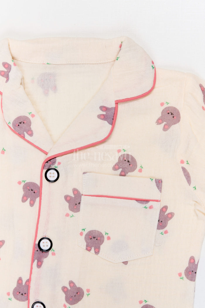 The Nesavu Night Dress Kids Cotton Night Suit with Bunny Print for Bedtime Nesavu Nesavu Kids Muslin Cotton Bunny Print Night Suit For Comfortable Sleepwear