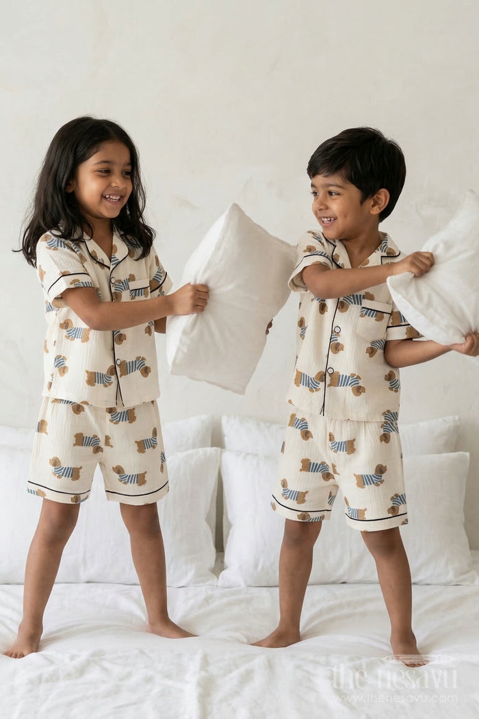 The Nesavu Night Dress Unisex Kids Cotton Night Suit with Dog Print for Cozy Sleep Nesavu 16 (1Y) / Cream / Muslin Cotton NS055A-16 Nesavu Unisex Kids Muslin Cotton Dog Print Night Suit For Comfortable Summer Sleepwear