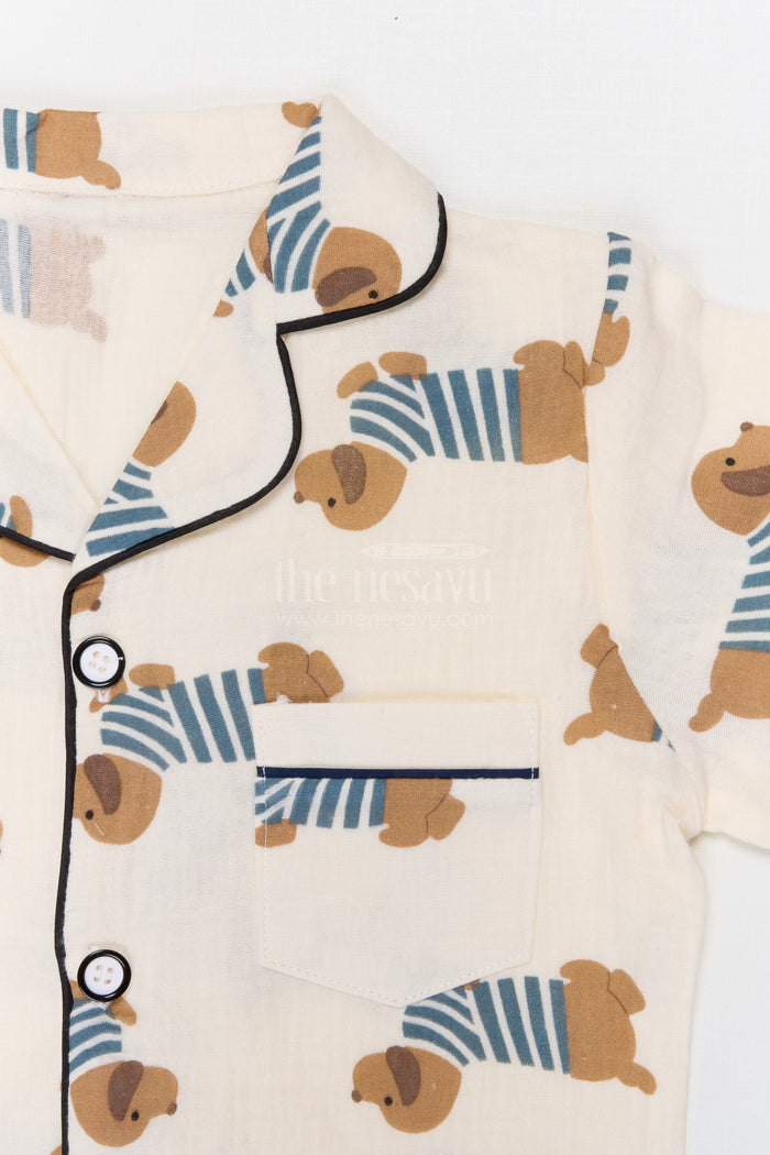 The Nesavu Night Dress Kids Cotton Night Suit with Dog Print for Cozy Sleep Nesavu Nesavu Kids Muslin Cotton Dog Print Night Suit For Comfortable Summer Sleepwear