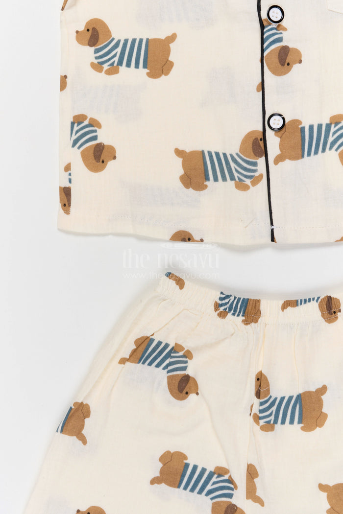 The Nesavu Night Dress Kids Cotton Night Suit with Dog Print for Cozy Sleep Nesavu Nesavu Kids Muslin Cotton Dog Print Night Suit For Comfortable Summer Sleepwear