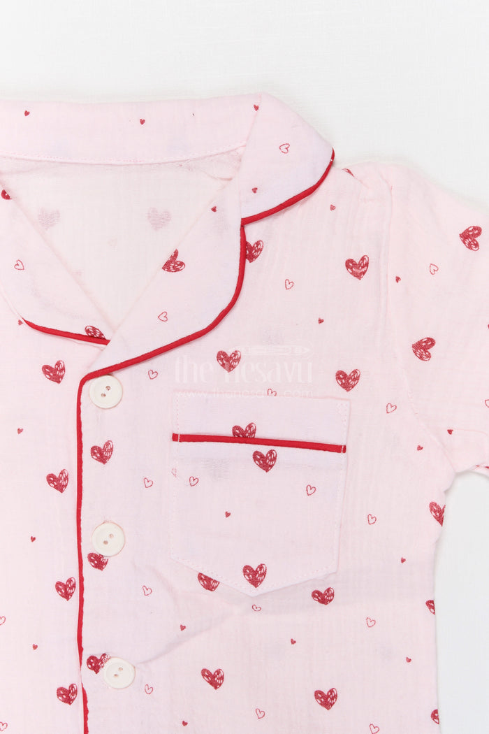 The Nesavu Night Dress Kids Cotton Night Suit with Heart Print for Bedtime Comfort Nesavu Nesavu Kids Muslin Cotton Heart Print Night Suit For Everyday Summer Sleepwear