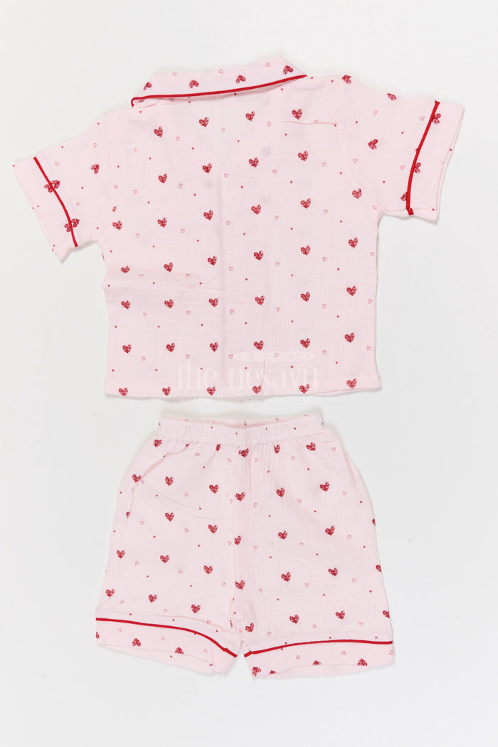 The Nesavu Night Dress Kids Cotton Night Suit with Heart Print for Bedtime Comfort Nesavu Nesavu Kids Muslin Cotton Heart Print Night Suit For Everyday Summer Sleepwear