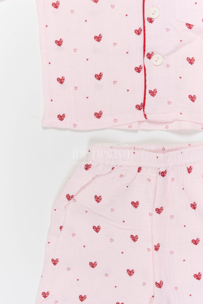 The Nesavu Night Dress Kids Cotton Night Suit with Heart Print for Bedtime Comfort Nesavu Nesavu Kids Muslin Cotton Heart Print Night Suit For Everyday Summer Sleepwear