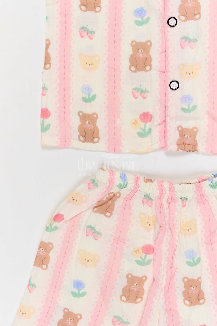 The Nesavu Night Dress Kids Cotton Night Suit with Teddy Print for Bedtime Comfort Nesavu Nesavu Kids Muslin Cotton Teddy Print Night Suit For Everyday Sleepwear