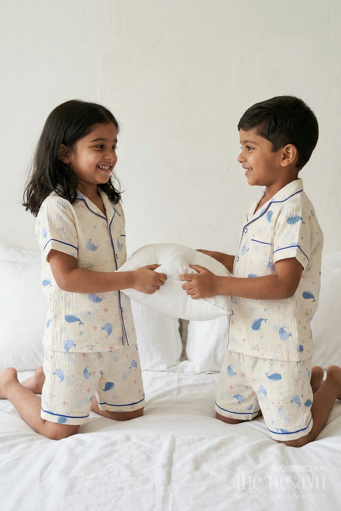 The Nesavu Night Dress Unisex Kids Cotton Night Suit with Whale Print for Summer Nights Nesavu 16 (1Y) / Multicolor / Muslin Cotton NS057A-16 Nesavu Unisex Kids Muslin Cotton Whale Print Night Suit For Comfortable Sleepwear