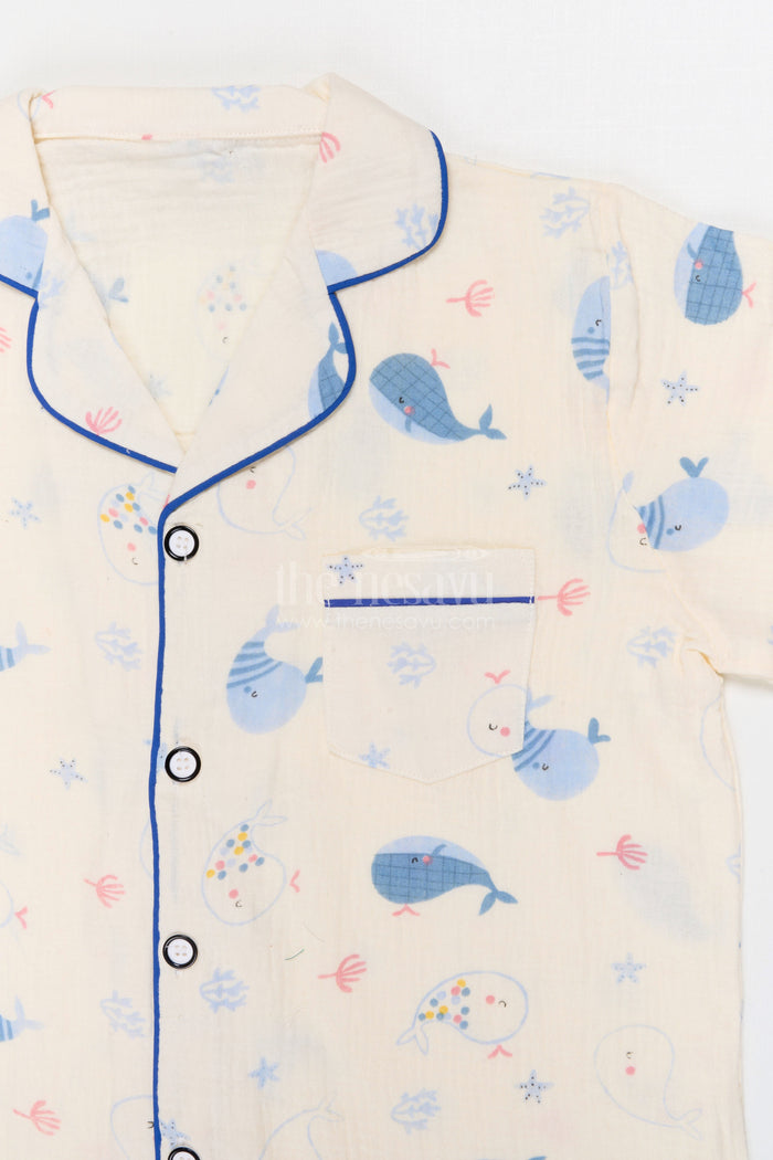 The Nesavu Night Dress Kids Cotton Night Suit with Whale Print for Summer Nights Nesavu Nesavu Kids Muslin Cotton Whale Print Night Suit For Comfortable Sleepwear