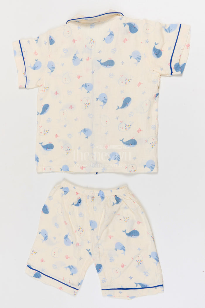 The Nesavu Night Dress Kids Cotton Night Suit with Whale Print for Summer Nights Nesavu Nesavu Kids Muslin Cotton Whale Print Night Suit For Comfortable Sleepwear