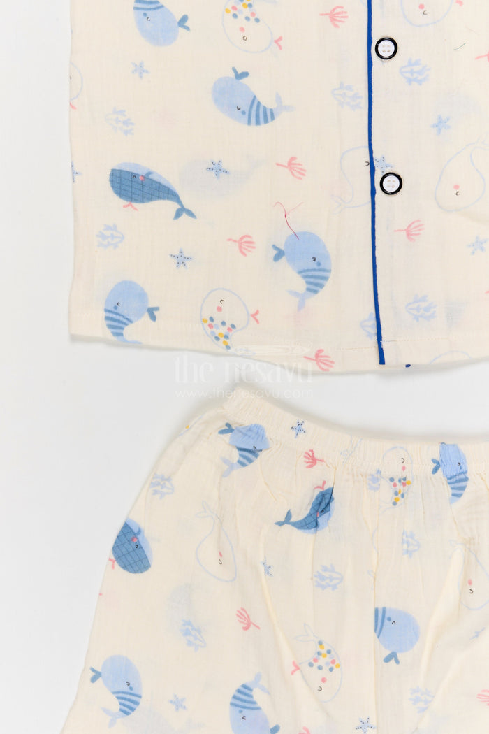 The Nesavu Night Dress Kids Cotton Night Suit with Whale Print for Summer Nights Nesavu Nesavu Kids Muslin Cotton Whale Print Night Suit For Comfortable Sleepwear