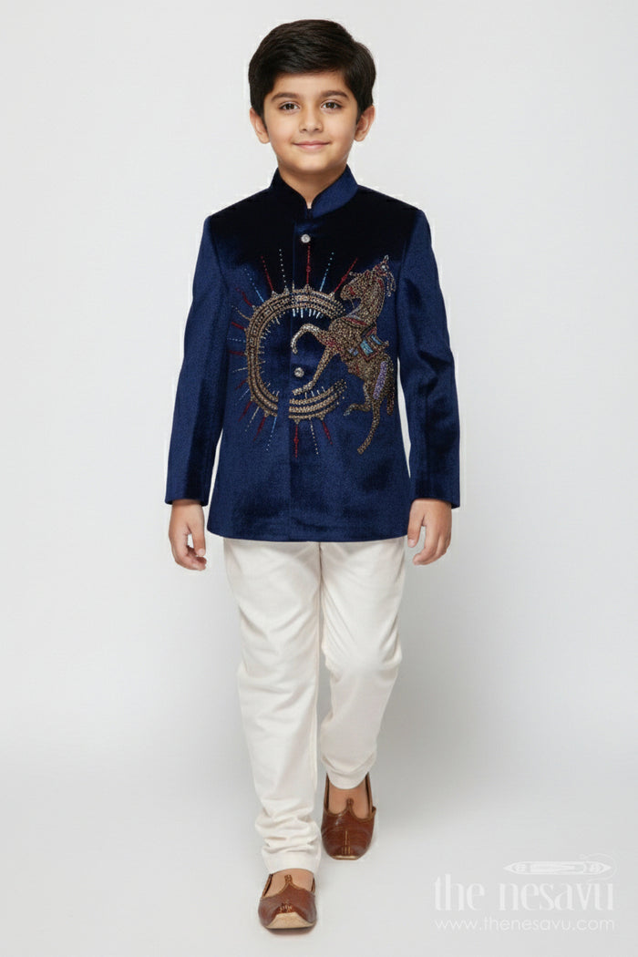 The Nesavu Boys Jacket Sets Velvet Embroidered Jacket Set for Boys for Poojas and Winter Celebrations Nesavu 16 (1Y) / Blue BES862A-16 Nesavu boys velvet jacket kurta set with gold embroidery for weddings and festive evening functions