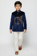 The Nesavu Boys Jacket Sets Velvet Embroidered Jacket Set for Boys for Poojas and Winter Celebrations Nesavu 16 (1Y) / Blue BES862A-16 Nesavu boys velvet jacket kurta set with gold embroidery for weddings and festive evening functions