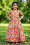 The Nesavu Girls Silk Gown Vibrant Anarkali for Girls in Pure Chinon with Digital Print and Intricate Embellishments Nesavu 32 (9Y) / Orange GA293A-32 Vibrant Anarkali Girls Pure Chinon Digital Print Intricate Embellishments | The Nesavu