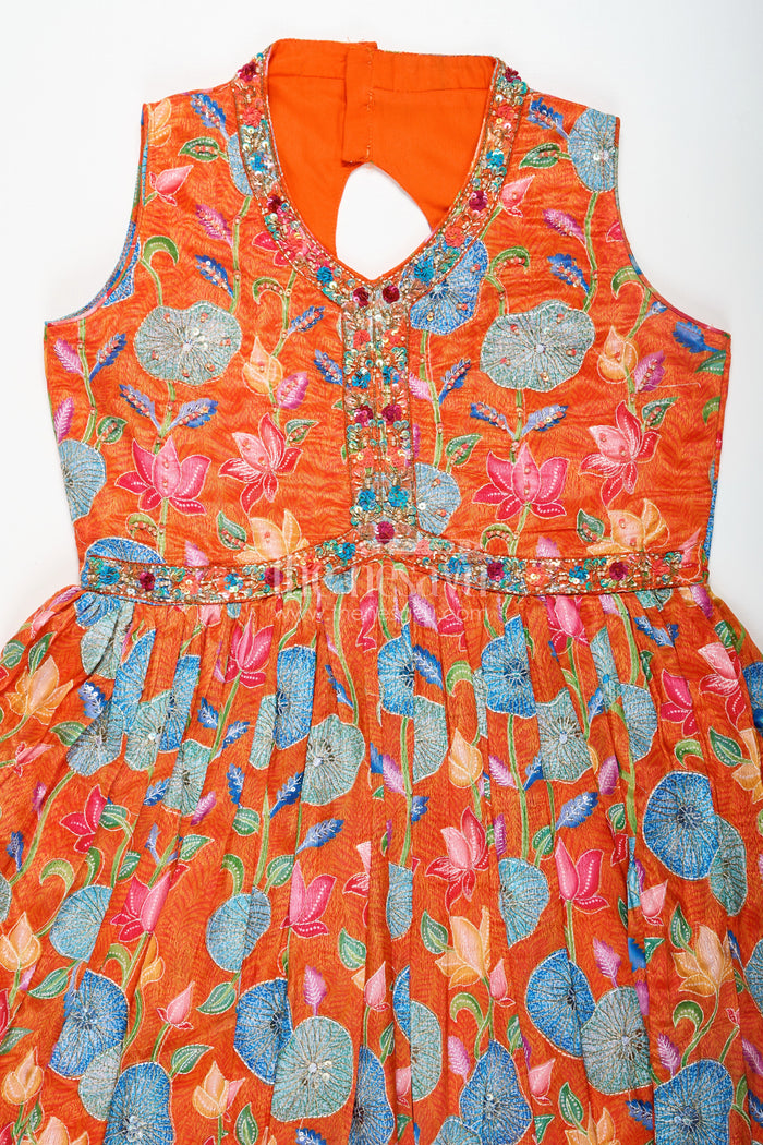 The Nesavu Girls Silk Gown Vibrant Anarkali for Girls in Pure Chinon with Digital Print and Intricate Embellishments Nesavu Nesavu Vibrant Anarkali Girls Pure Chinon Digital Print Intricate Embellishments