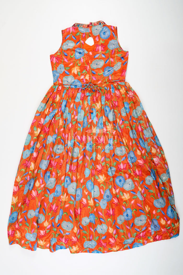 The Nesavu Girls Silk Gown Vibrant Anarkali for Girls in Pure Chinon with Digital Print and Intricate Embellishments Nesavu Nesavu Vibrant Anarkali Girls Pure Chinon Digital Print Intricate Embellishments