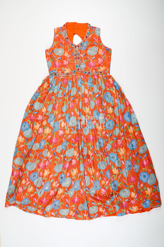 The Nesavu Girls Silk Gown Vibrant Anarkali for Girls in Pure Chinon with Digital Print and Intricate Embellishments Nesavu 32 (9Y) / Orange GA293A-32 Vibrant Anarkali Girls Pure Chinon Digital Print Intricate Embellishments | The Nesavu