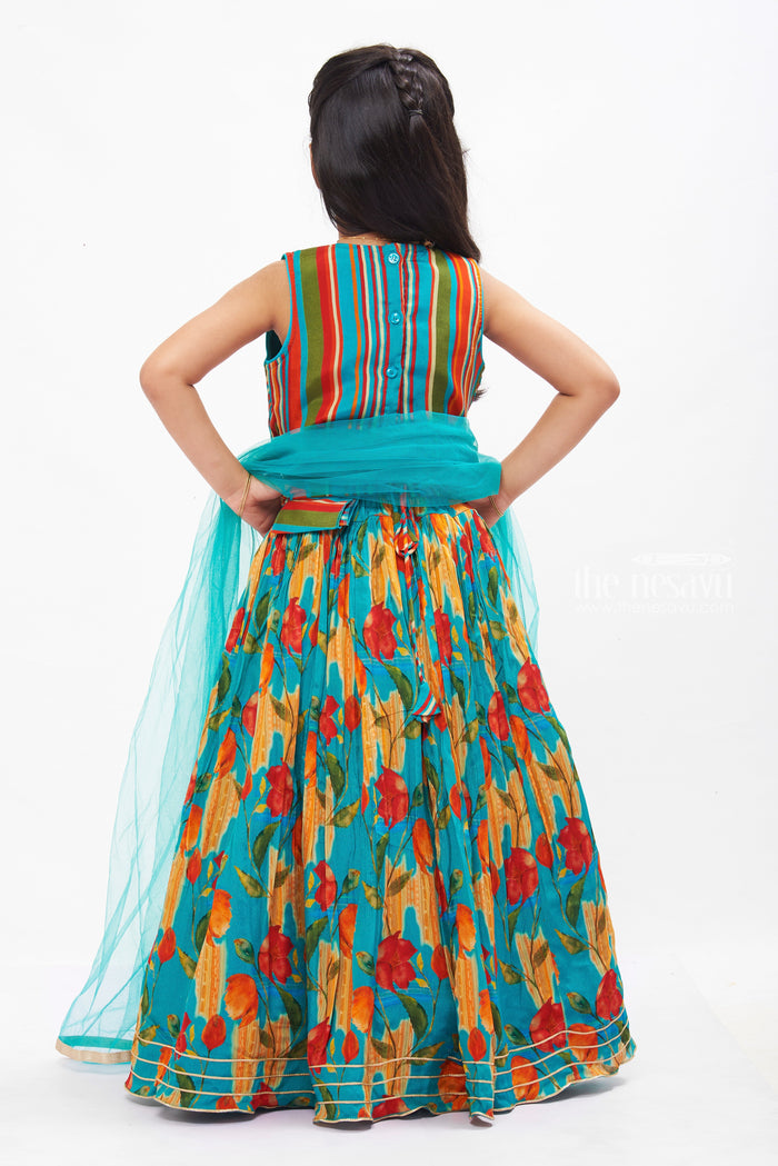 The Nesavu Girls Lehenga Choli Vibrant Blossom Lehenga Set for Girls with Striped Choli Nesavu Floral Print Girls Lehenga with Striped Choli | Festive Kids Wear Collection | The Nesavu