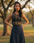 Black organza embroidered top for women front view with elegant silhouette and sheer detailing